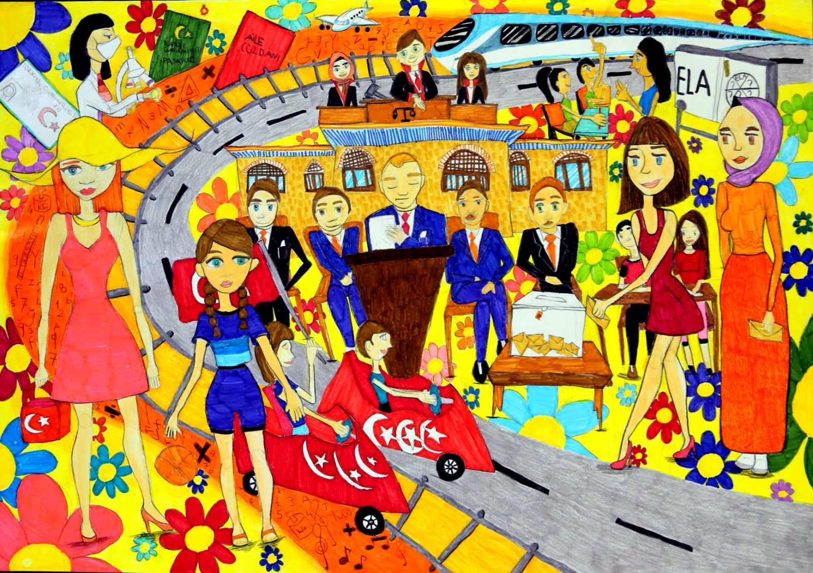 100. Yılda Cumhuriyet Konulu Resim Yarışması Mansiyon Ödülü Azra Mina Öz-Antalya- Manavgat- Çağlayan İlkokulu- 4.Sınıf